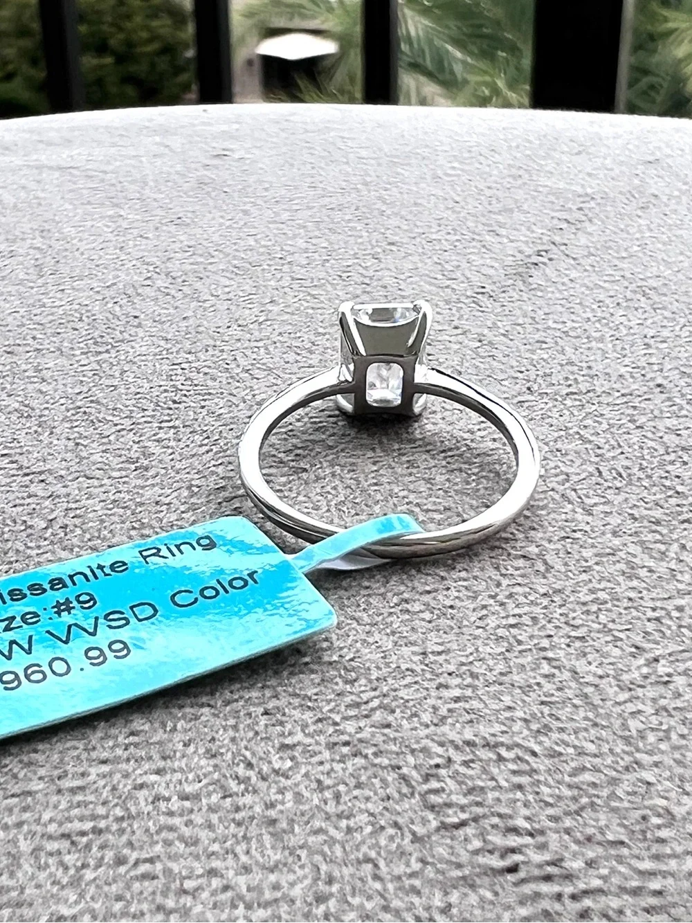 Rhodium Plated Sterling Silver 3 Carat Moissanite Emerald Cut Solitaire Ring